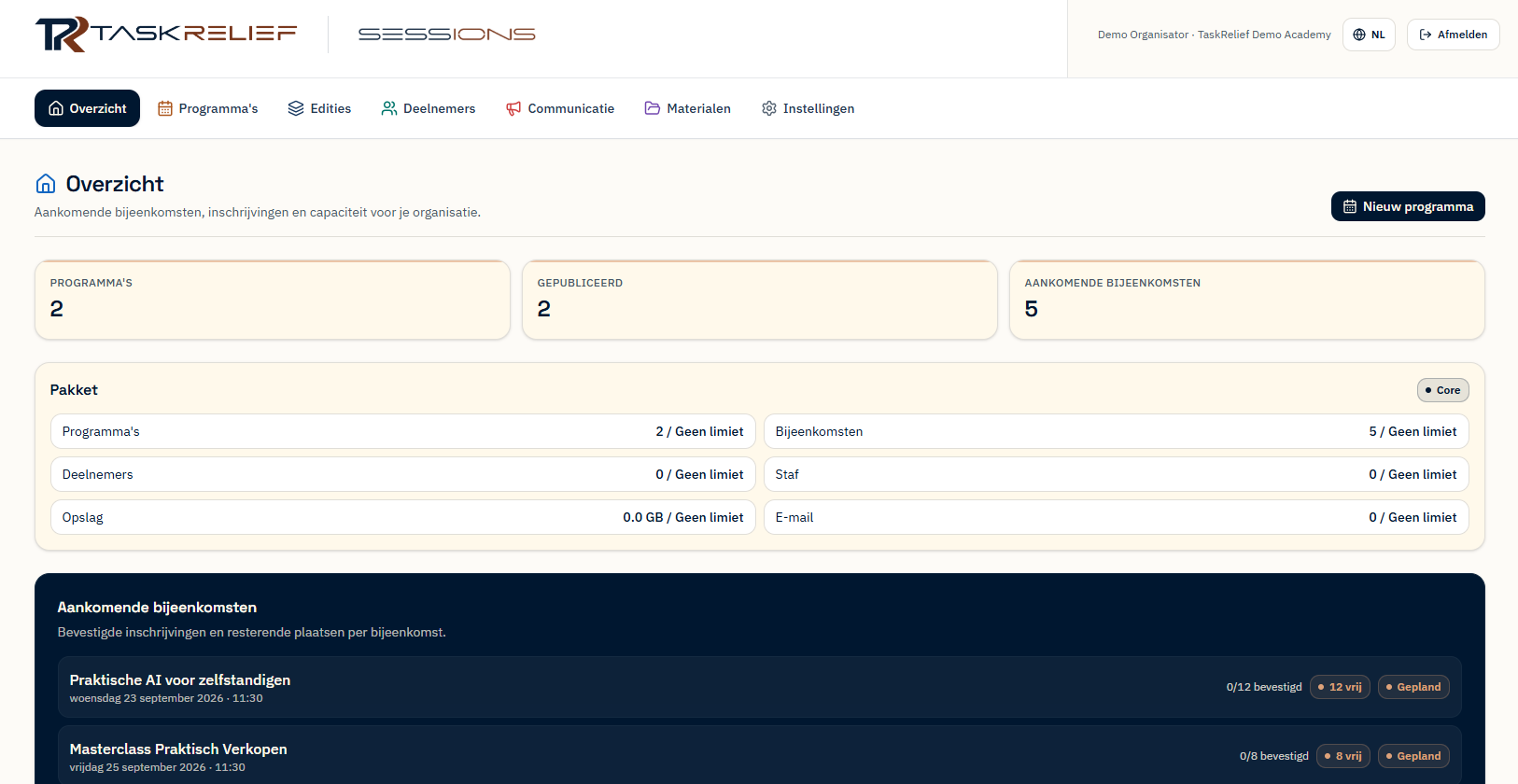 Sessions-interface met programma-overzicht, pakketgebruik en aankomende bijeenkomsten